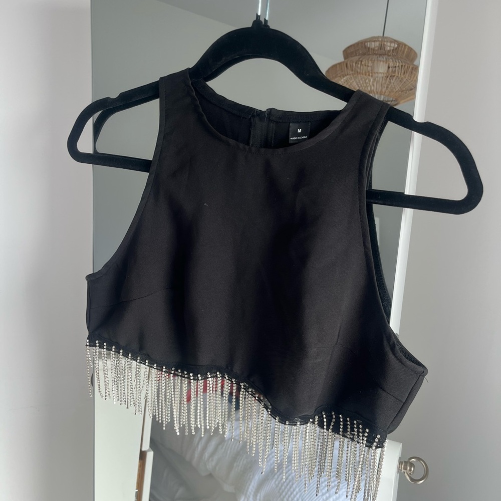 Steve Madden Black Rhinestone Fringe Mini Skirt - Picture 2 of 4